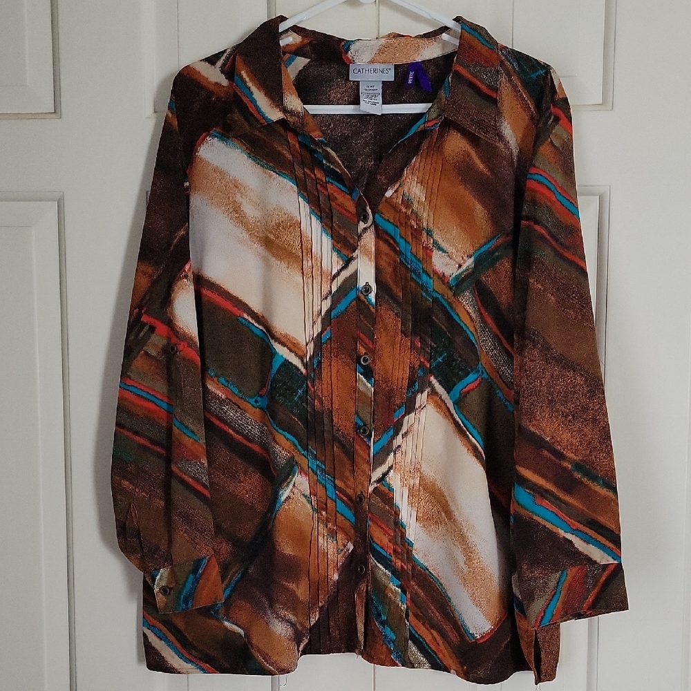 Catherines Southwestern Print Button Up Roll Tab Blouse Sz 1xwp Sz 18-20wp